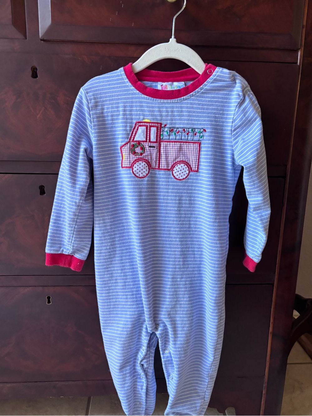 Jellybean Brand Blue Striped Kids footless Onsie with Red Christmas Truck